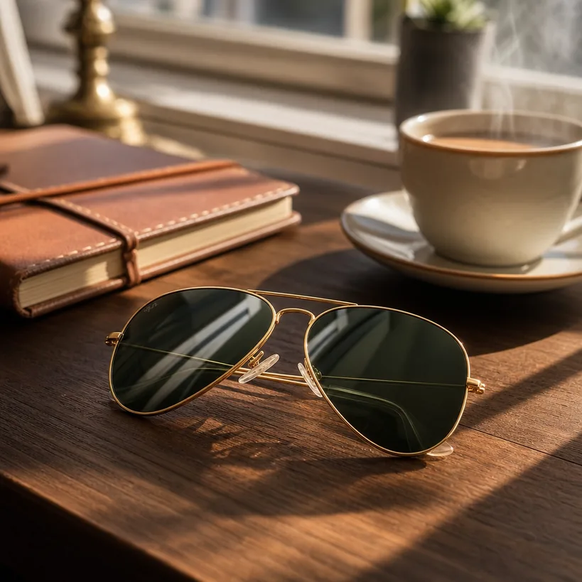 Ray-Ban-RB3025アビエーターのある日常シーン（テーブル上のサングラスとコーヒー）