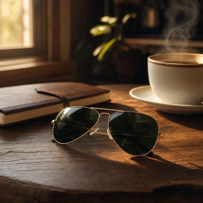 Ray-Ban-RB3025アビエーターのある男性日常シーン（テーブル上のサングラスとコーヒー）