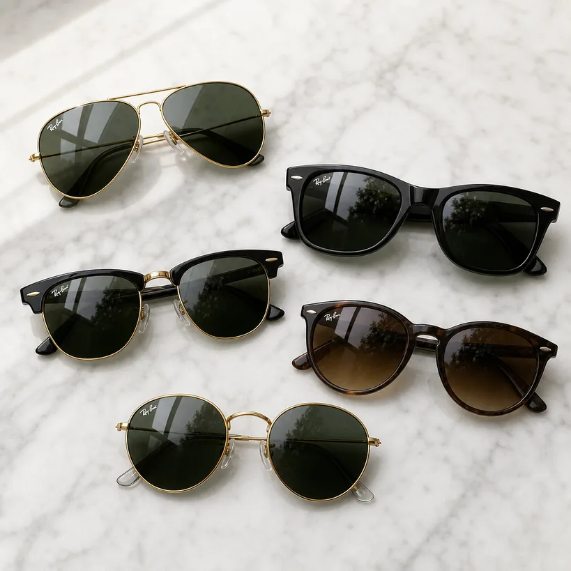 Ray-Banおすすめサングラス5本（RB3025アビエーター・RB2140ウェイファーラー・RB3016クラブマスター・RB4171Fエリカ・RB3447ラウンドメタル）が並ぶフラットレイ