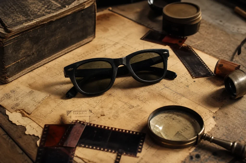 Ray-Banの歴史と象徴性を伝える定番ウェイファーラー型サングラスの斜めアングル写真