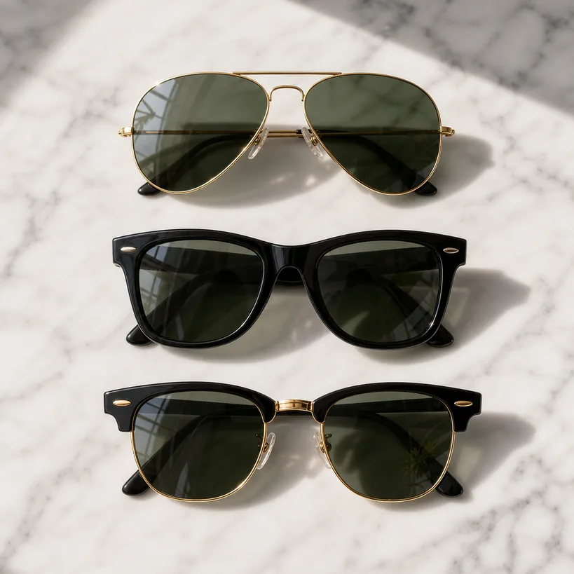 Ray-Banメンズおすすめ3本（RB3025アビエーター・RB2140ウェイファーラー・RB3016クラブマスター）が並ぶフラットレイ
