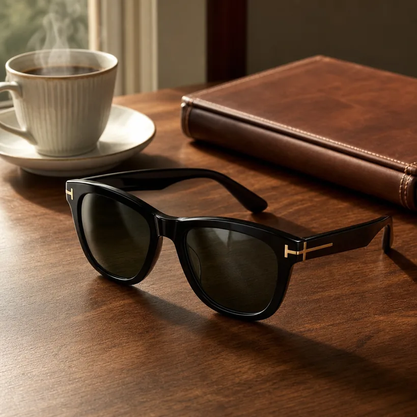 TOMFORDアジアンフィットTF5178-Fサングラスのある日常シーン（ノートとコーヒー）