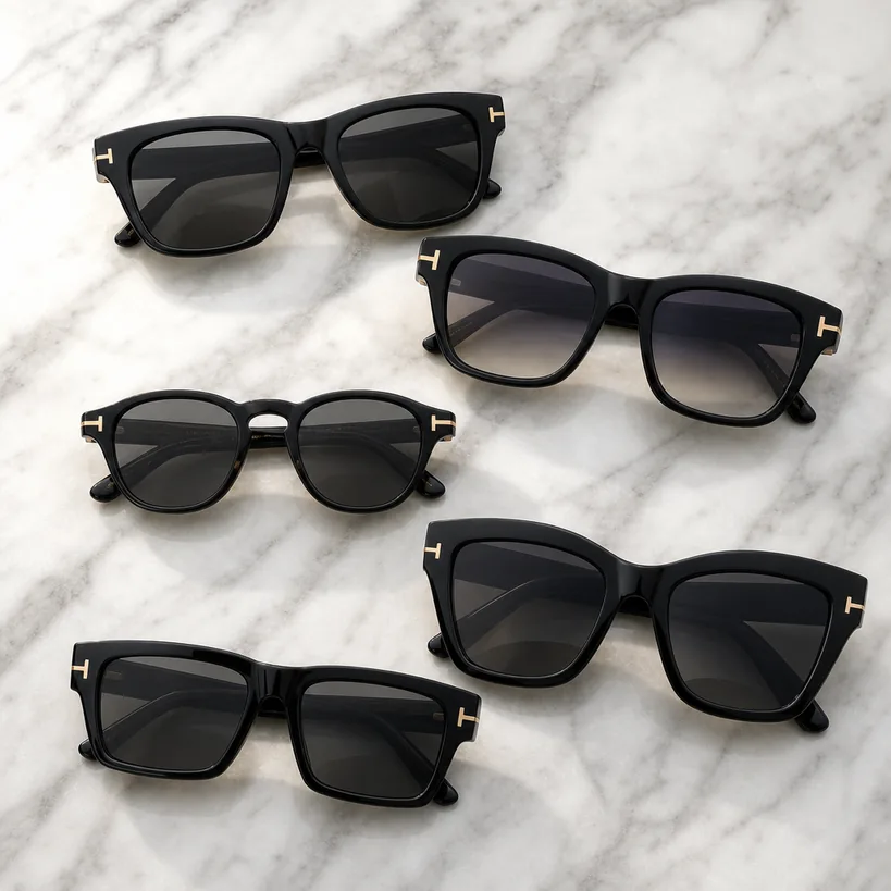 TOMFORDアジアンフィットおすすめ5本（TF5178-F・SNOWDON・TF876-D-N・TF58-F-Cary・TF5040-F）が大理石にフラットレイで並ぶ