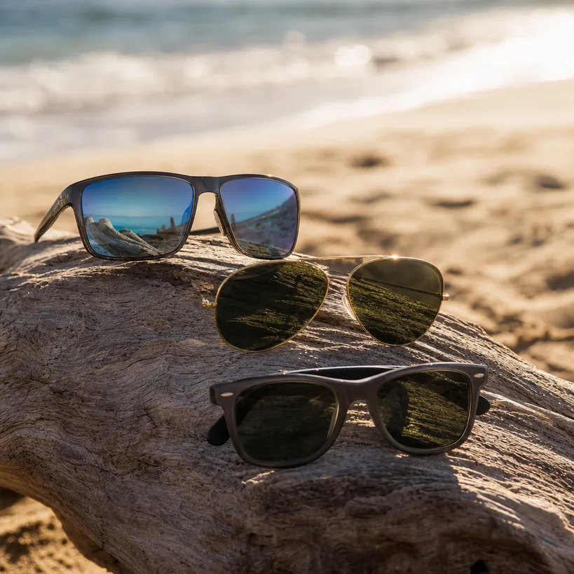 ドライブと釣りのシーン小物の上にRay-Ban偏光3本を重ねたまとめ静物