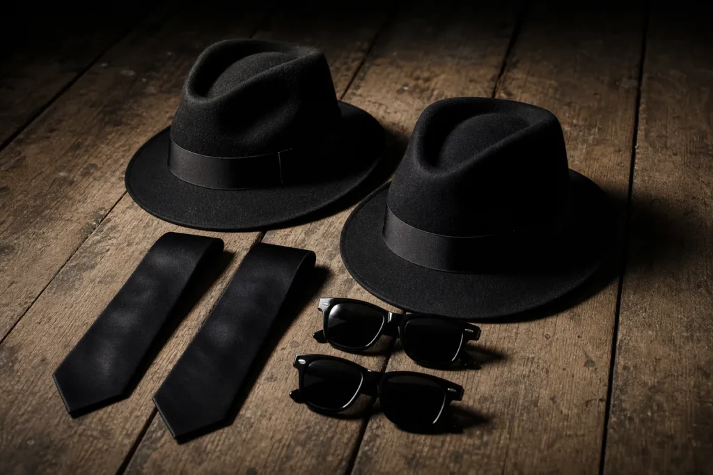 ブルース・ブラザーズの衣装である黒ハットと黒タイにRay-Banウェイファーラー2本を並べた静物