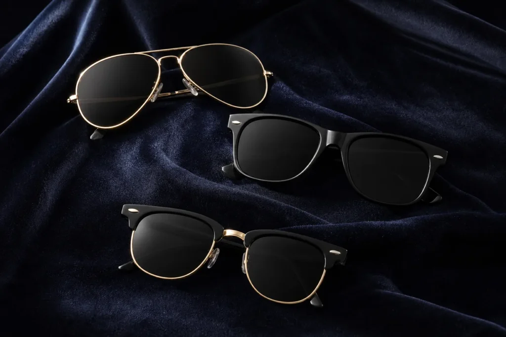 木村拓哉やトムクルーズが愛用するRay-Banサングラス3本を並べた俯瞰ショット