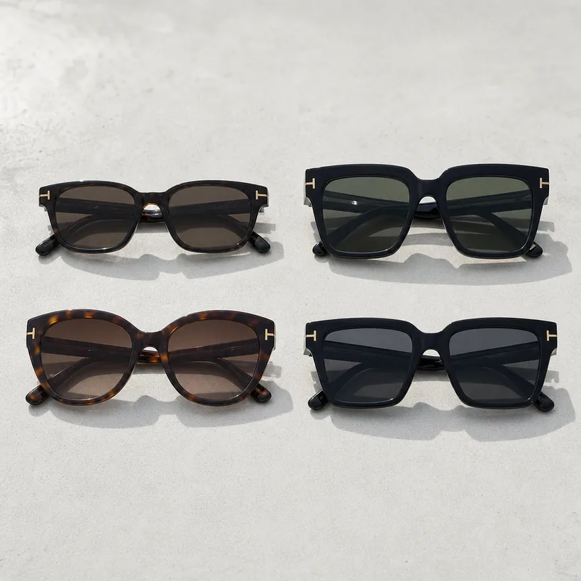 顔型別TOMFORDアジアンフィット推奨モデル4本（丸顔・面長・四角顔・逆三角形向け）の2x2グリッド比較