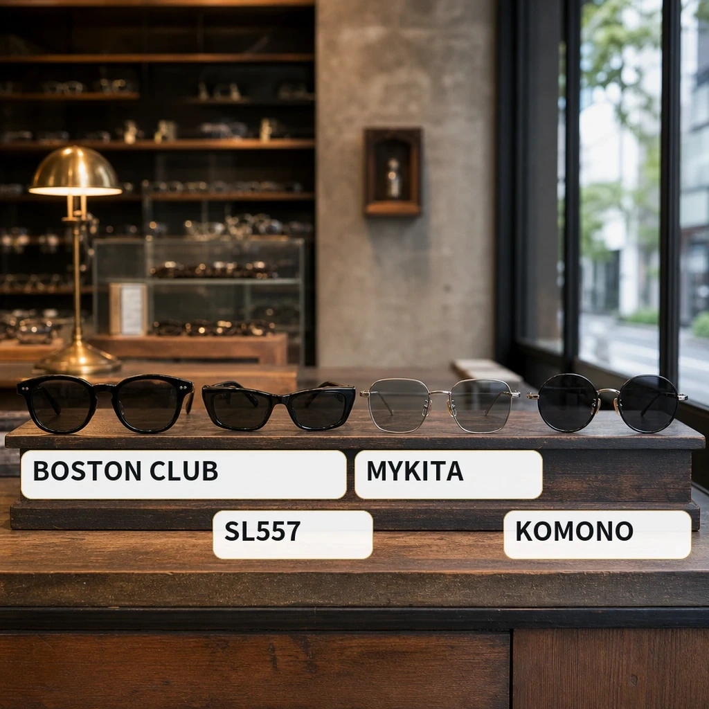 BOSTON CLUB HUDSONやサンローランSL557など常田大希さん着用サングラス4本を並べた比較イメージ