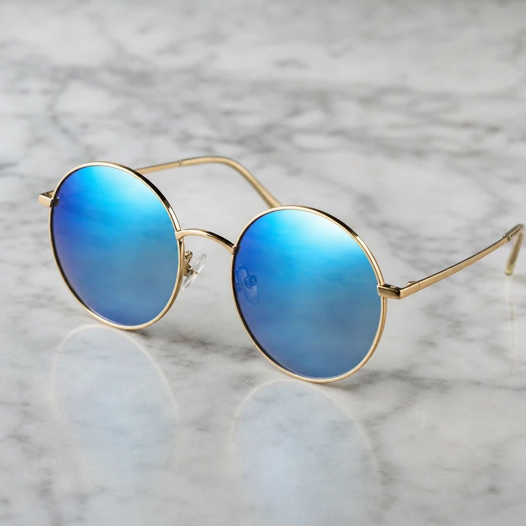 TakaがGENKINGとの写真で着用したと言われるRay-Ban ROUND METAL RB3447のゴールドフレームとブルーミラーレンズの接写