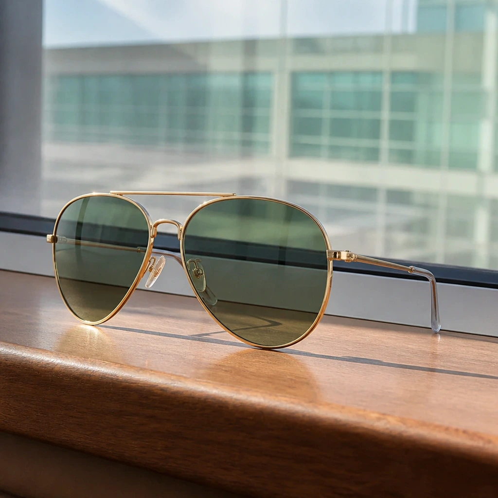 ゴールドフレームのRay-Ban RB3025を現代的に着けこなす芸能人風ティアドロップサングラスのスタイリング