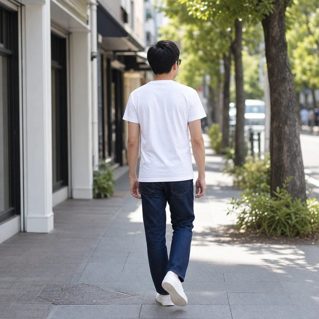 レイバン ウェイファーラーをかけて白Tシャツとデニムで街を歩く人物の後ろ姿。顔型を選ばない定番サングラスの休日コーデ
