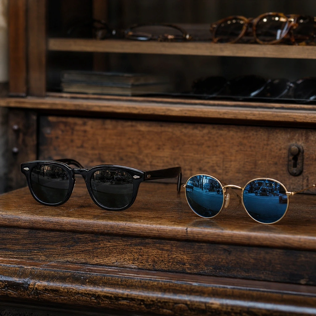ワンオクTakaのサングラスの中心ブランドMOSCOTのLEMTOSH SUNとRay-Banの丸型メタルを並べて質感を比べた実物カット