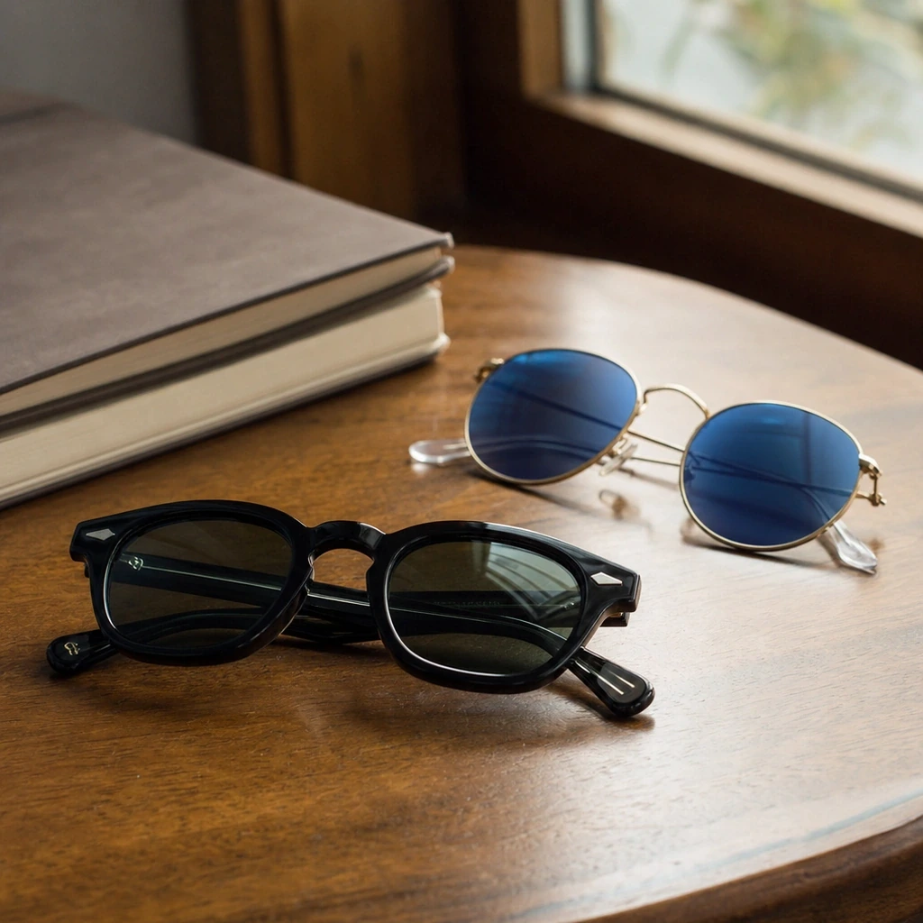 ワンオクTakaの愛用ブランドMOSCOTのLEMTOSH SUNとRay-BanのRB3447を木製テーブルに並べたまとめカット