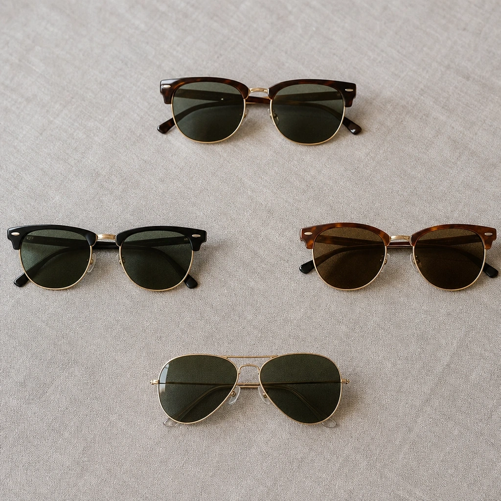今市隆二が着用したTOM FORD HenryとRay-Ban CLUBMASTERとAVIATOR REVERSEとLaurent-2の4モデルを型番別に紹介する画像