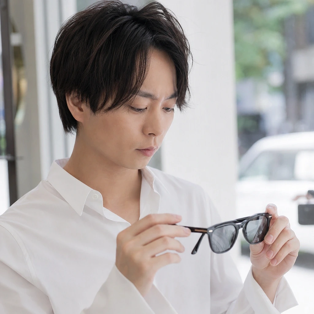 平野紫耀さんら国内芸能人が愛用するトムフォードのサングラスTF237-Fアジアンフィットを手に取って確かめる様子