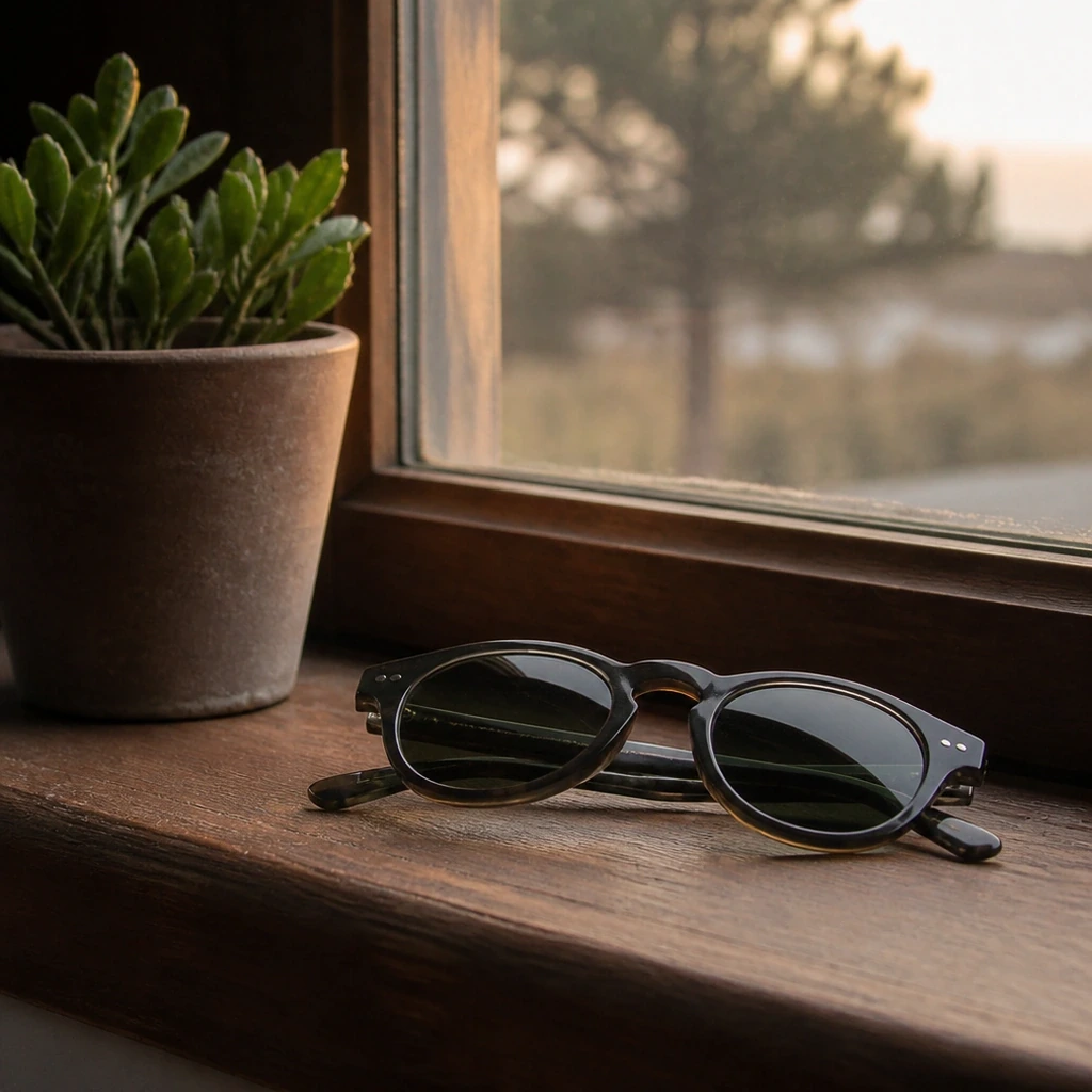 田村淳さん愛用とされるMOSCOT MILTZENの薄い色レンズサングラスをケースの横に置いたまとめイメージ