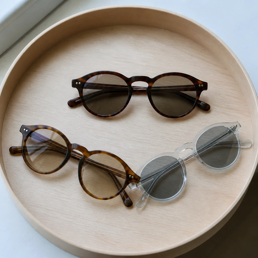田村淳さん着用とされるMOSCOT MILTZENなど薄い色レンズのクラシックなサングラスを木のテーブルに並べた比較イメージ