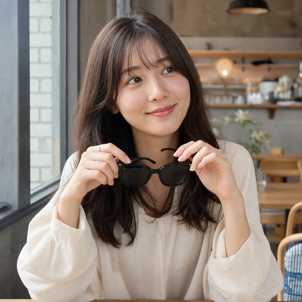 目黒蓮さん着用のZoffサングラス5500円モデルを手に取る女性。楽天で買える着用サングラスまとめのイメージ