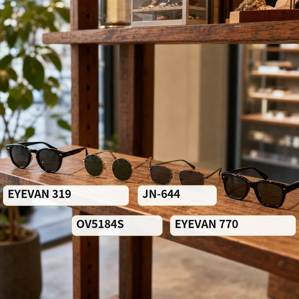 綾野剛さん着用サングラス4本の型番一覧（EYEVAN 7285 319やOLIVER PEOPLES OV5184Sなど）を並べたイメージ