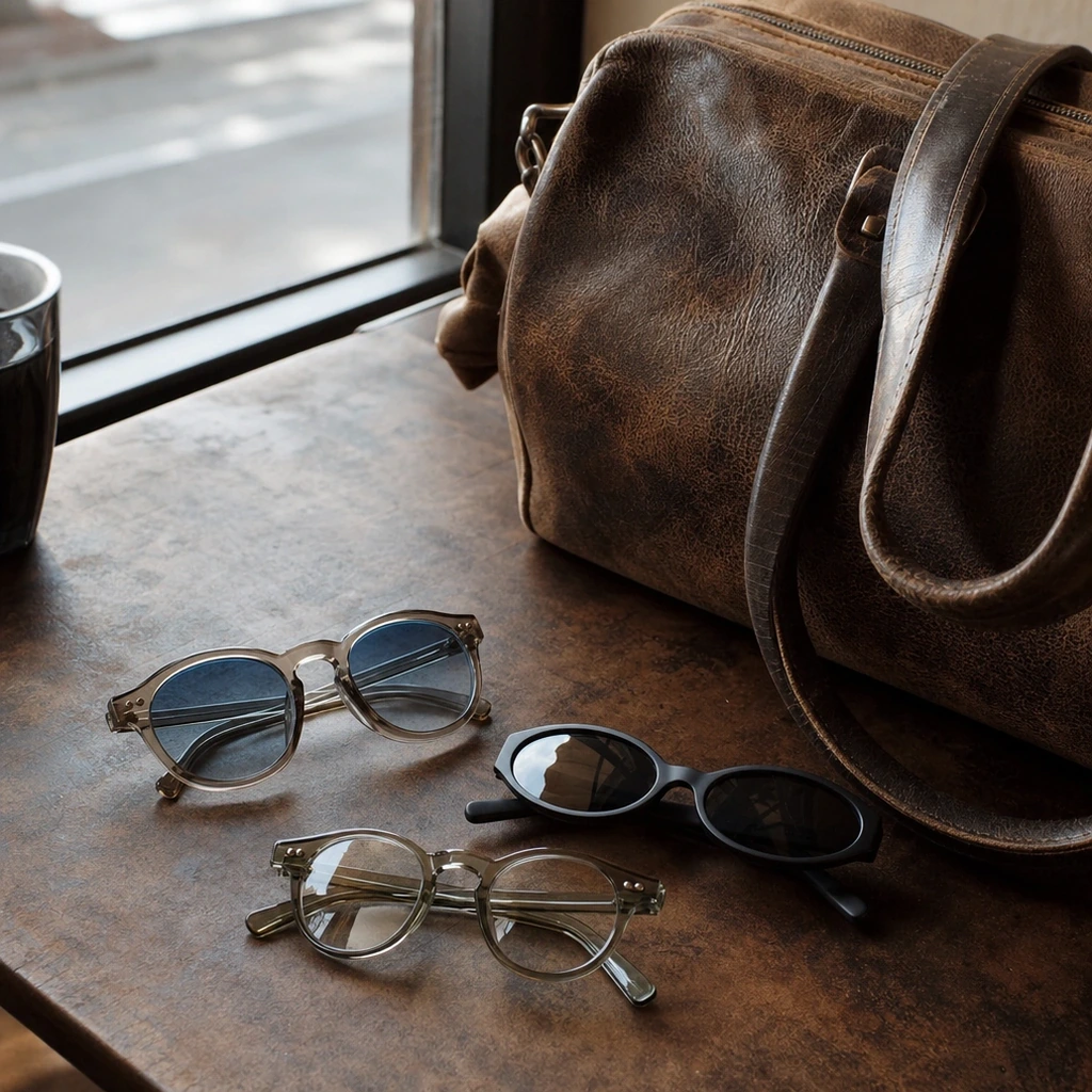 赤西仁さん着用と特定されたサングラス3本を白いテーブルに並べたイメージ。私服のRay-BanとライブのA.D.S.R.、インスタのGENTLE MONSTER