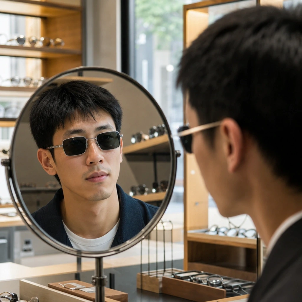 面長の男性が細身メタルフレームのサングラスを試着して綾野剛さん風の顔型相性を確かめる店頭イメージ